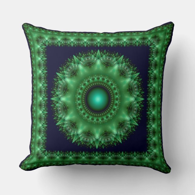 Fractal green brilliant framed mandala cushion (Front)