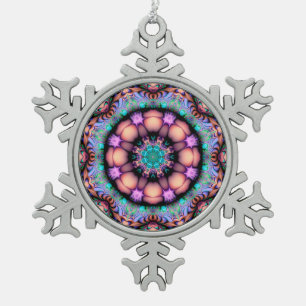 Fractal Mandala Floral Psychedelic Snowflake Pewter Christmas Ornament