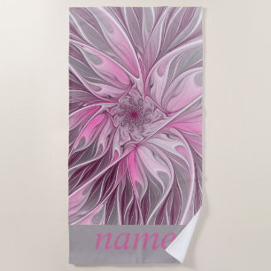 Fractal Pink Flower Dream, Floral Fantasy, Name Beach Towel
