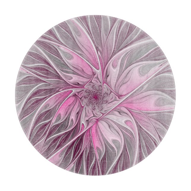 Fractal Pink Flower Dream, Floral Fantasy Pattern Cutting Board (Front)