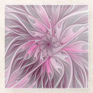 Fractal Pink Flower Dream, Floral Fantasy Pattern Glass Coaster