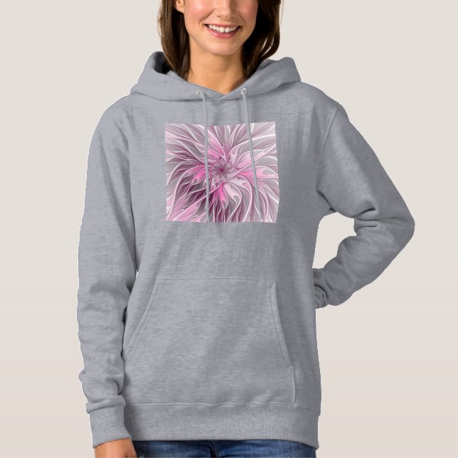 Fractal Pink Flower Dream, Floral Fantasy Pattern Hoodie (Front)