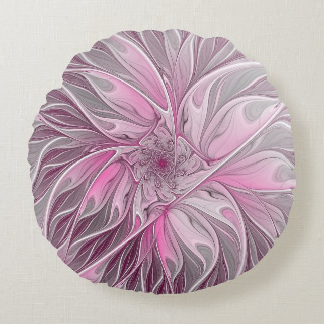 Fractal Pink Flower Dream, Floral Fantasy Pattern Round Cushion (Front)