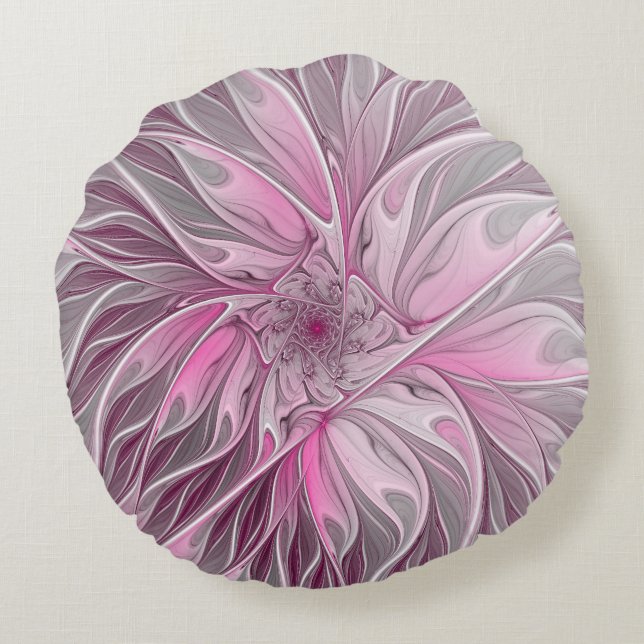 Fractal Pink Flower Dream, floral Fantasy Pattern Round Cushion (Back)
