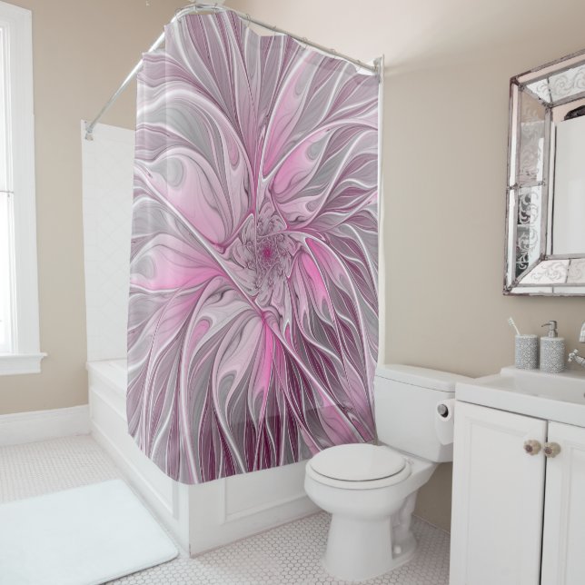 Fractal Pink Flower Dream, Floral Fantasy Pattern Shower Curtain (In Situ)