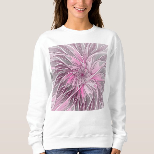 Fractal Pink Flower Dream, Floral Fantasy Pattern Sweatshirt (Front)