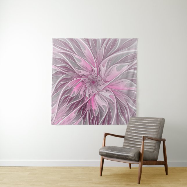 Fractal Pink Flower Dream, Floral Fantasy Pattern Tapestry (In Situ)