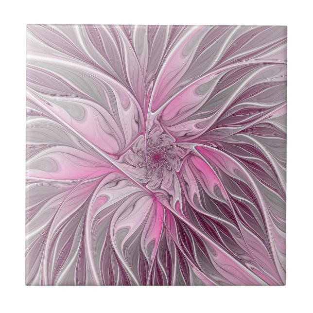 Fractal Pink Flower Dream, Floral Fantasy Pattern Tile (Front)
