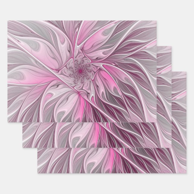 Fractal Pink Flower Dream, floral Fantasy Pattern Wrapping Paper Sheet (Set)