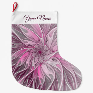 Fractal Pink Flower Star Floral Pattern Own Name Large Christmas Stocking