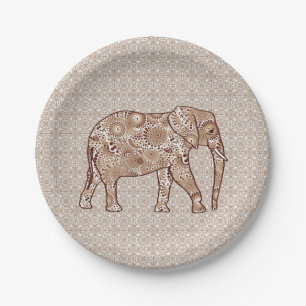 Fractal swirl elephant - brown and taupe paper plate