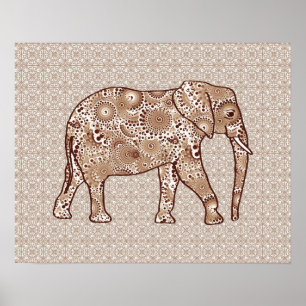 Fractal swirl elephant - brown and taupe poster
