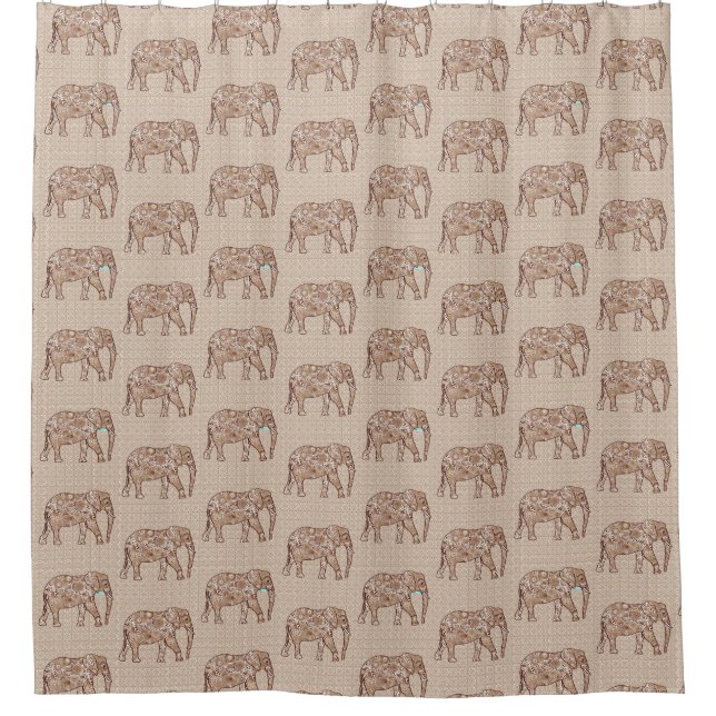 Fractal Swirl Elephant, Brown and Taupe  Shower Curtain (Front)