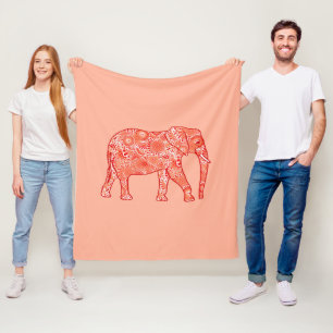 Fractal swirl elephant, coral orange and peach fleece blanket