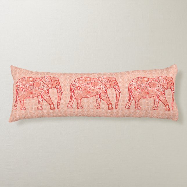 Fractal swirl elephant - coral orange and white body cushion (Front)