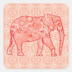 Fractal swirl elephant - coral orange and white square sticker