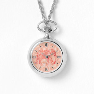 Fractal swirl elephant - coral orange and white watch