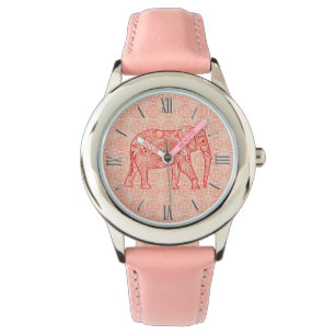 Fractal swirl elephant - coral orange and white watch