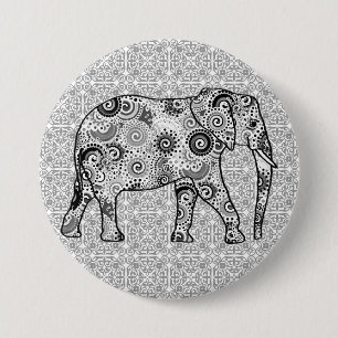 Fractal swirl elephant - grey, black and white 7.5 cm round badge