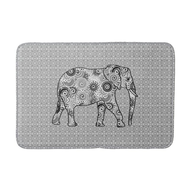 Fractal Swirl Elephant, Grey, Black and White Bath Mat (Front)