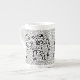 Fractal swirl elephant - grey, black and white bone china mug
