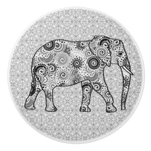 Fractal swirl elephant, grey, black and white ceramic knob