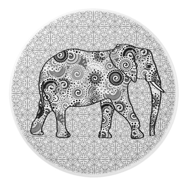 Fractal swirl elephant, grey, black and white ceramic knob (Front)
