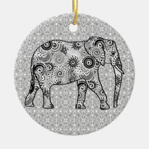 Fractal swirl elephant - grey, black and white ceramic tree decoration