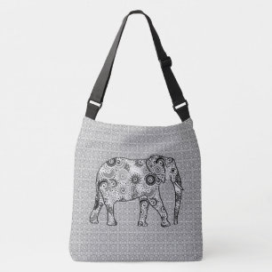 Fractal swirl elephant - grey, black and white crossbody bag