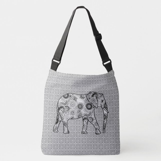 Fractal swirl elephant - grey, black and white crossbody bag (Front)