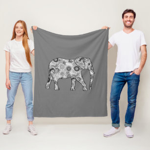 Fractal swirl elephant, grey, black and white fleece blanket
