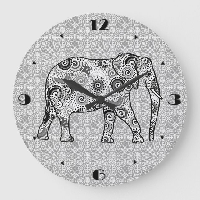 Fractal swirl elephant - grey, black and white large clock (Front)