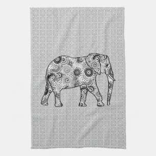 Fractal swirl elephant - grey, black and white tea towel