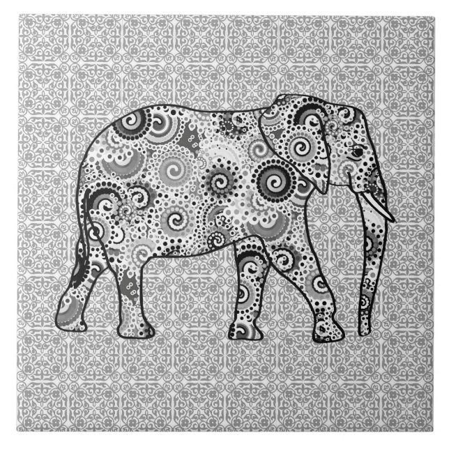 Fractal swirl elephant - grey, black and white tile (Front)