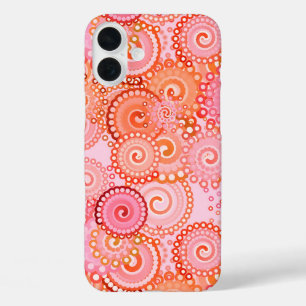 Fractal swirl pattern, coral and pink iPhone 16 plus case