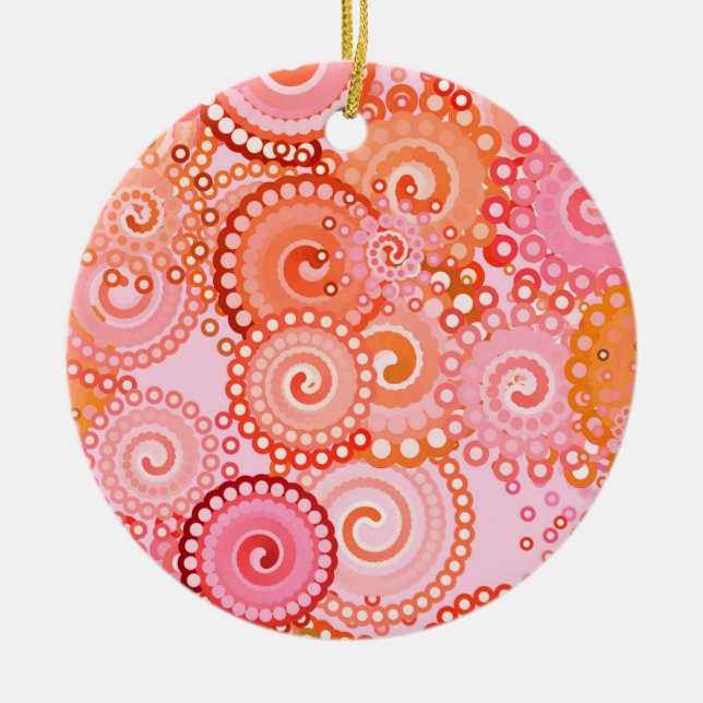 Fractal swirl pattern, coral and pink ceramic tree decoration (Front)