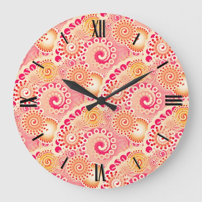 Fractal swirl pattern, coral, peach large clock (Front)
