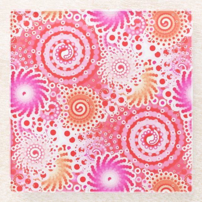 Fractal swirl pattern, coral, pink and cream glass coaster (Front)