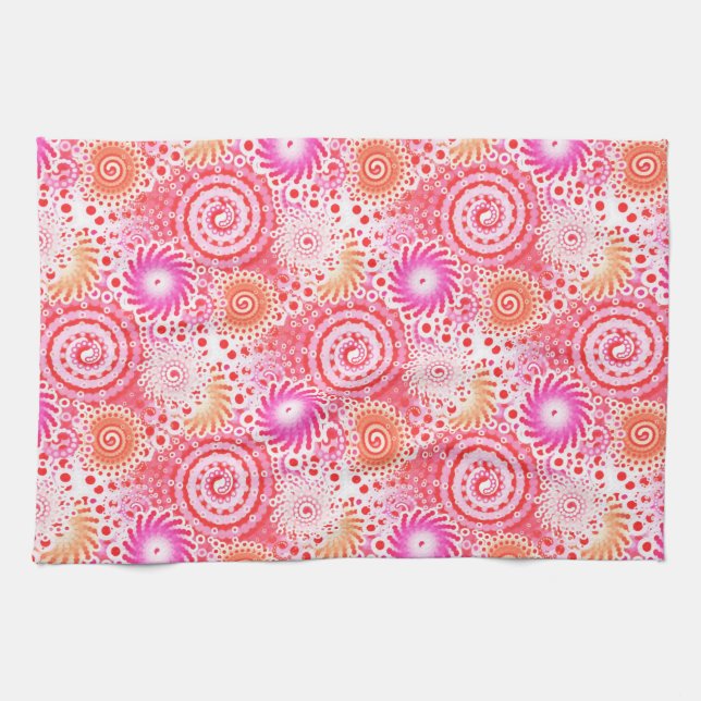 Fractal swirl pattern, coral, pink and cream tea towel (Horizontal)