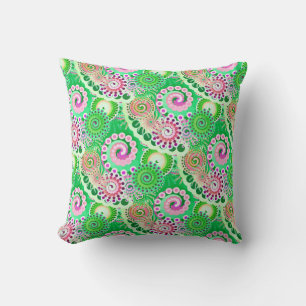 Fractal swirl pattern, green, pink, multi cushion