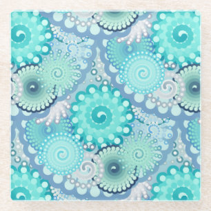Fractal swirl pattern, Light Blue and Aqua Glass Coaster