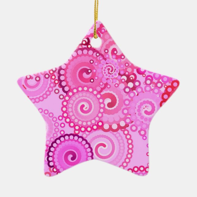 Fractal swirl pattern, pink and fuchsia ceramic tree decoration (Front)