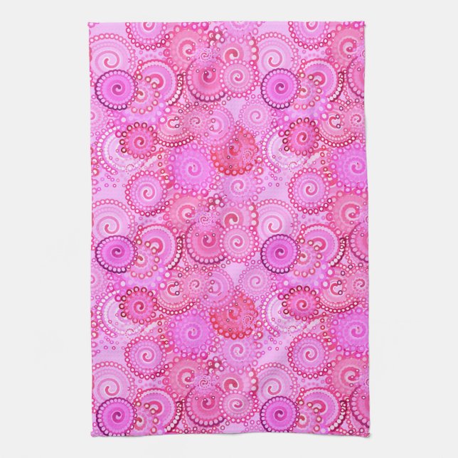 Fractal swirl pattern, pink and fuchsia tea towel (Vertical)