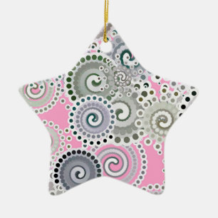 Fractal swirl pattern, pink and grey ceramic tree decoration