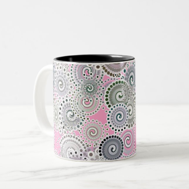 Fractal swirl pattern, pink and grey Two-Tone coffee mug (Front Left)