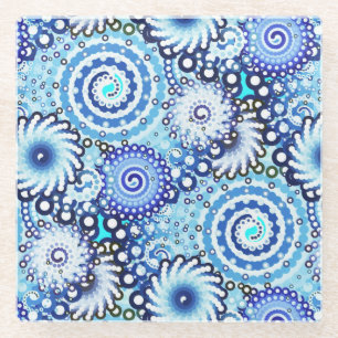 Fractal swirl pattern, shades of blue glass coaster
