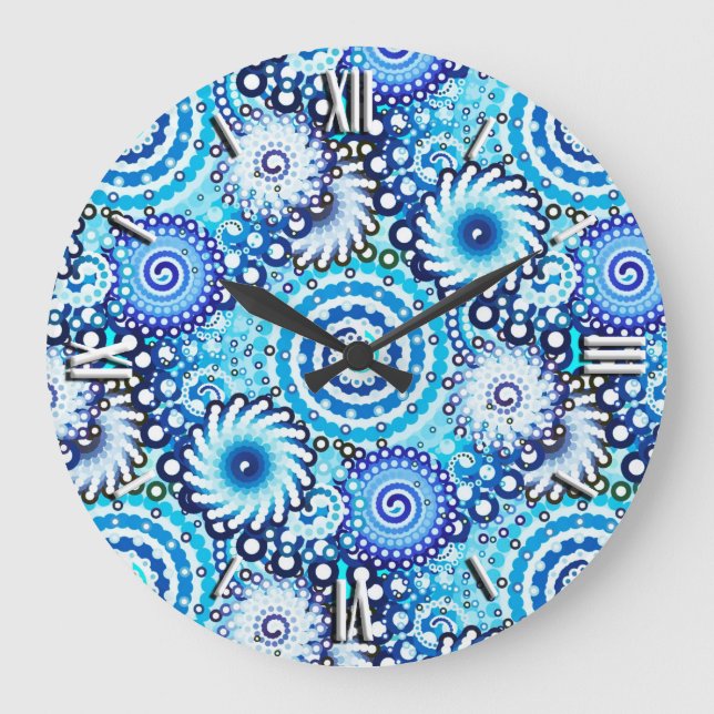 Fractal swirl pattern, shades of blue large clock (Front)