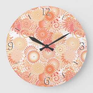 Fractal swirl pattern, shades of coral and peach large clock