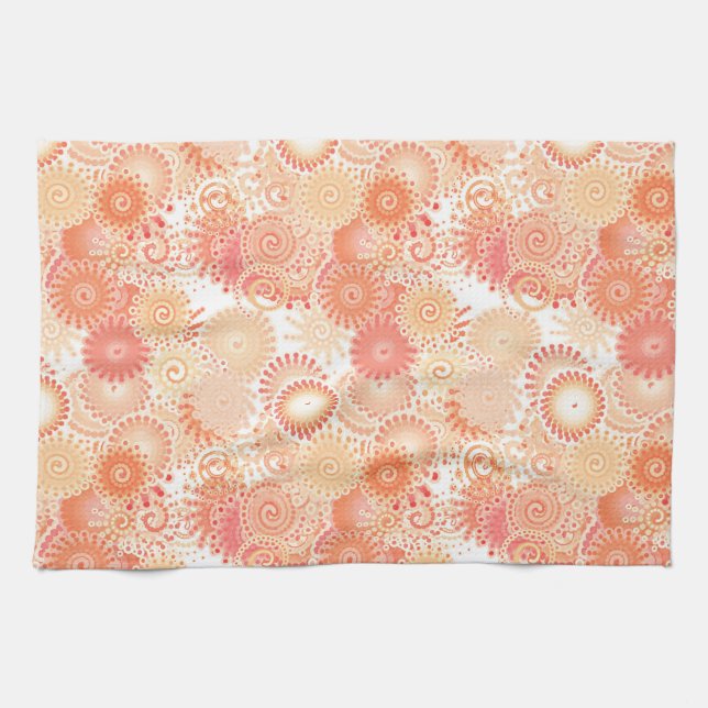 Fractal swirl pattern, shades of coral and peach tea towel (Horizontal)