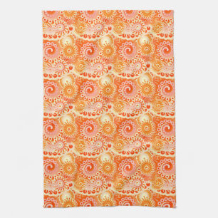 Fractal swirl pattern, shades of coral orange tea towel